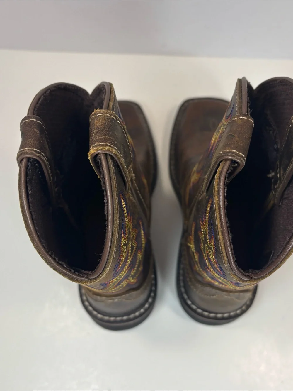 Justin Embroidered Western Boots Junior Sz 12.5 D Brown Leather Kids Square Toe